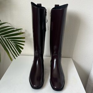 ZARA Burgundy Leather Knee-High Boots Square Toe NEW